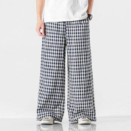 Loose-fitting cotton and linen checked trousers in an oriental style