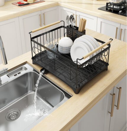 Stainless steel sink. Dish drainer