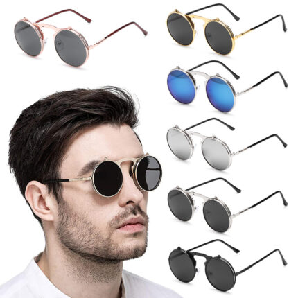 Vintage sunglasses and steampunk round ones with UV protection and fashionable metal frame for men and women