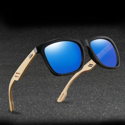 Fashionable colorful wooden sunglasses for men and women. Square bamboo glasses