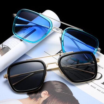Fashionable men’s sunglasses. Metal and square iron glasses