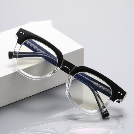 Retro-fit glasses with single frame and anti-blue light rivets